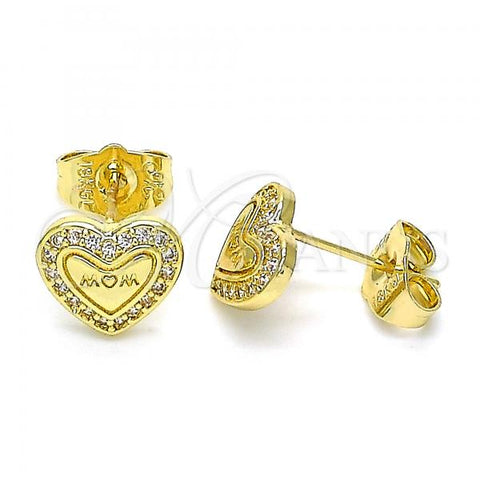Oro Laminado Stud Earring, Gold Filled Style Mom and Heart Design, with White Micro Pave, Polished, Golden Finish, 02.156.0631
