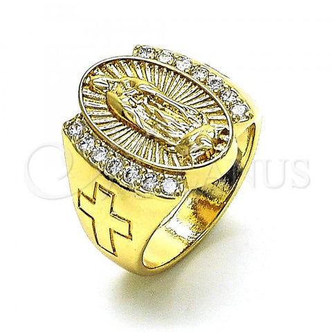 Oro Laminado Multi Stone Ring, Gold Filled Style Guadalupe and Cross Design, with White Cubic Zirconia, Polished, Golden Finish, 01.380.0019.07
