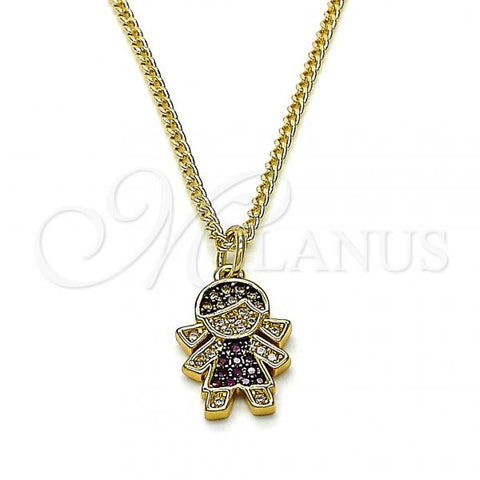 Oro Laminado Pendant Necklace, Gold Filled Style Little Girl Design, with Garnet and White Micro Pave, Black Enamel Finish, Golden Finish, 04.341.0022.2.20
