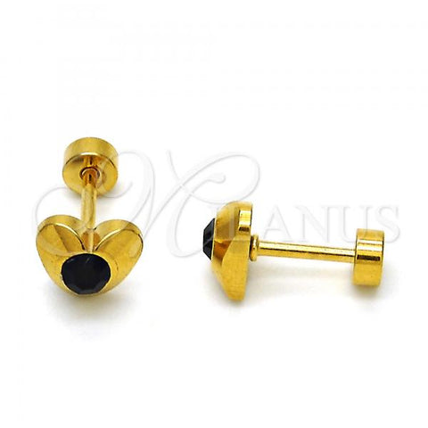 Stainless Steel Stud Earring, Heart Design, with Black Crystal, Polished, Golden Finish, 02.271.0004.5