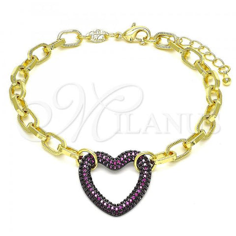 Oro Laminado Fancy Bracelet, Gold Filled Style Paperclip and Heart Design, with Garnet Micro Pave, Polished, Black Rhodium Finish, 03.341.0054.2.07