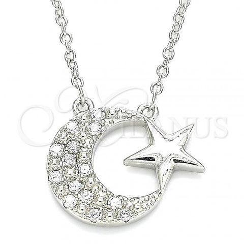 Sterling Silver Pendant Necklace, Moon and Star Design, with White Cubic Zirconia, Polished, Rhodium Finish, 04.336.0179.16