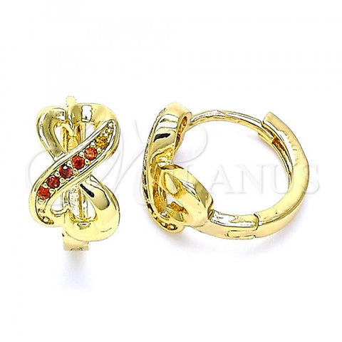 Oro Laminado Huggie Hoop, Gold Filled Style Heart Design, with Garnet Micro Pave, Polished, Golden Finish, 02.210.0593.1.12