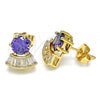 Oro Laminado Stud Earring, Gold Filled Style with Amethyst and White Cubic Zirconia, Polished, Golden Finish, 02.346.0008.1