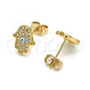 Oro Laminado Stud Earring, Gold Filled Style Hand of God Design, with White Micro Pave, Turquoise Enamel Finish, Golden Finish, 02.213.0268.1