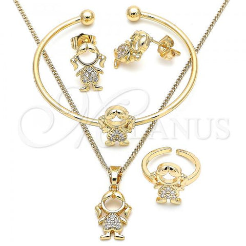 Oro Laminado Earring and Pendant Children Set, Gold Filled Style Little Girl Design, with White Micro Pave, Polished, Golden Finish, 06.210.0024