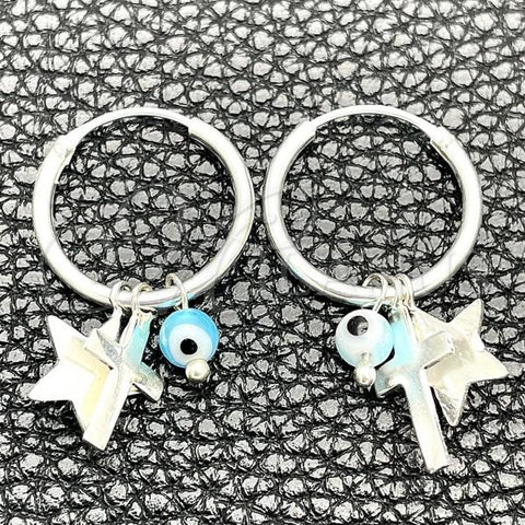 Sterling Silver Small Hoop, Evil Eye and Cross Design, with Aqua Blue Crystal, Polished, Silver Finish, 02.402.0002.15