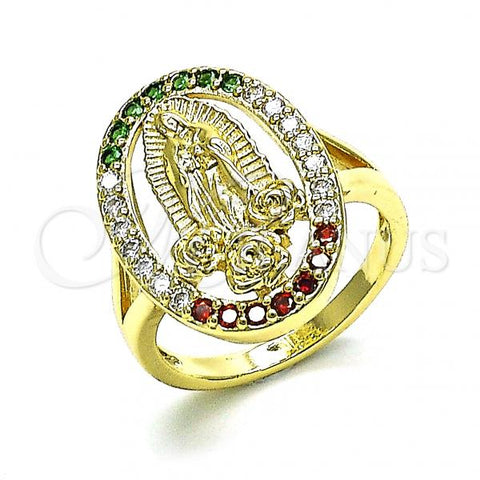 Oro Laminado Multi Stone Ring, Gold Filled Style Guadalupe and Flower Design, with Multicolor Cubic Zirconia, Polished, Golden Finish, 01.380.0022.1.09