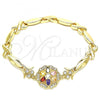 Oro Laminado Fancy Bracelet, Gold Filled Style Flower and Hugs and Kisses Design, with Multicolor Cubic Zirconia, Polished, Golden Finish, 03.210.0130.2.08