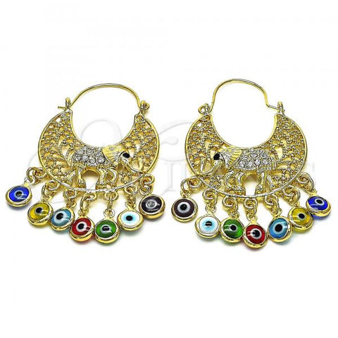 Oro Laminado Long Earring, Gold Filled Style Elephant and Evil Eye Design, with White and Black Crystal, Multicolor Resin Finish, Golden Finish, 02.380.0103.2