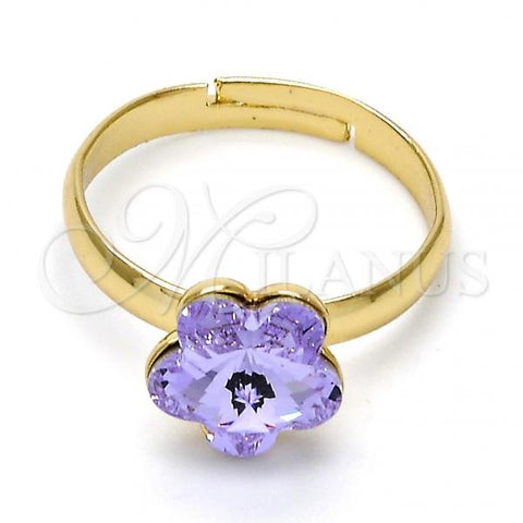 Oro Laminado Multi Stone Ring, Gold Filled Style Flower Design, with Violet Swarovski Crystals, Polished, Golden Finish, 01.239.0010.11 (One size fits all)