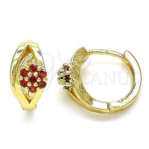 Oro Laminado Huggie Hoop, Gold Filled Style Flower Design, with Garnet Cubic Zirconia, Polished, Golden Finish, 02.210.0491.1.15