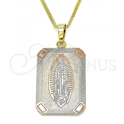 Oro Laminado Pendant Necklace, Gold Filled Style Guadalupe Design, Polished, Tricolor, 04.106.0057.20