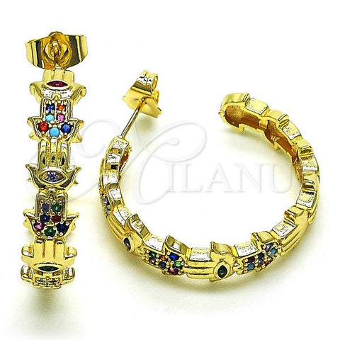 Oro Laminado Medium Hoop, Gold Filled Style Hand of God Design, with Multicolor Micro Pave, Polished, Golden Finish, 02.210.0779.1.30