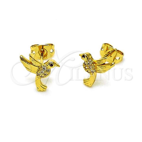 Oro Laminado Stud Earring, Gold Filled Style Bird Design, with White and Ruby Micro Pave, Polished, Golden Finish, 02.342.0285