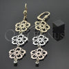 Oro Laminado Long Earring, Gold Filled Style Flower Design, with White Cubic Zirconia, Polished, Tricolor, 5.090.007