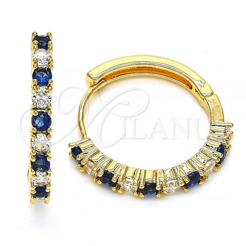 Oro Laminado Huggie Hoop, Gold Filled Style with Sapphire Blue and White Cubic Zirconia, Polished, Golden Finish, 02.210.0095.3.25