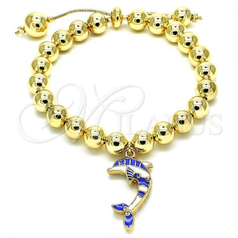Oro Laminado Adjustable Bolo Bracelet, Gold Filled Style Dolphin and Ball Design, with White Crystal, Blue Enamel Finish, Golden Finish, 03.63.2035.1.08