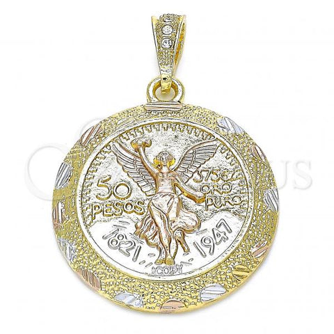 Oro Laminado Religious Pendant, Gold Filled Style Centenario Coin and Angel Design, Polished, Tricolor, 05.351.0146