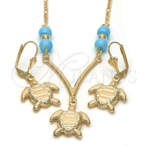 Oro Laminado Earring and Pendant Adult Set, Gold Filled Style Turtle and Figaro Design, with Turquoise Opal, Polished, Golden Finish, 10.32.0011.18