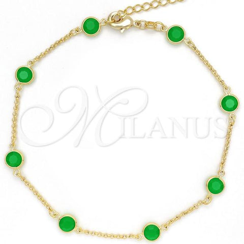 Oro Laminado Basic Anklet, Gold Filled Style Paperclip Design, with Green Crystal, Polished, Golden Finish, 03.02.0090.10