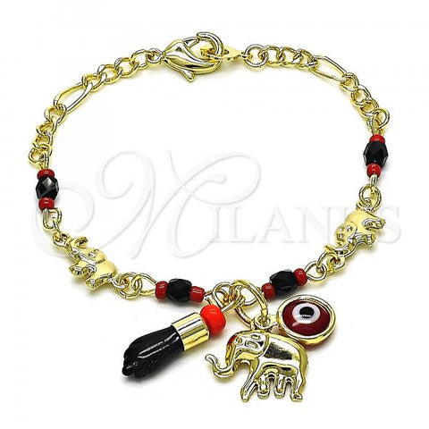 Oro Laminado Charm Bracelet, Gold Filled Style Elephant and Evil Eye Design, with Garnet Crystal, Polished, Golden Finish, 03.213.0217.06
