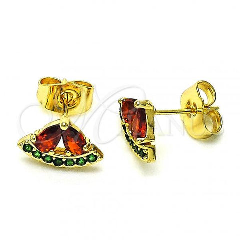 Oro Laminado Stud Earring, Gold Filled Style Watermelon Design, with Garnet and Green Cubic Zirconia, Polished, Golden Finish, 02.210.0672