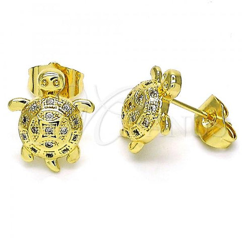 Oro Laminado Stud Earring, Gold Filled Style Turtle Design, with White Micro Pave, Polished, Golden Finish, 02.284.0047.1