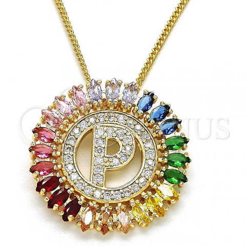 Oro Laminado Pendant Necklace, Gold Filled Style Initials Design, with Multicolor Cubic Zirconia, Polished, Golden Finish, 04.210.0019.1.20