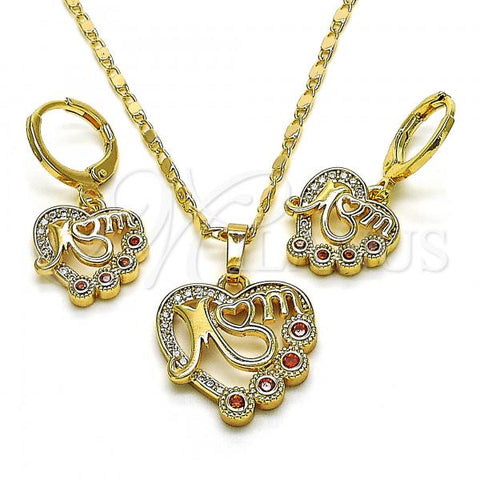 Oro Laminado Earring and Pendant Adult Set, Gold Filled Style Mom and Heart Design, with Garnet Cubic Zirconia and White Micro Pave, Polished, Golden Finish, 10.196.0067.2