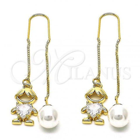 Oro Laminado Threader Earring, Gold Filled Style Little Boy and Heart Design, with White Cubic Zirconia, Polished, Golden Finish, 02.380.0105
