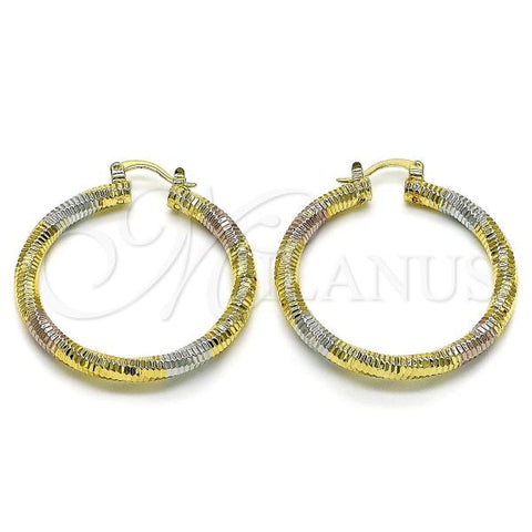 Oro Laminado Medium Hoop, Gold Filled Style Hollow Design, Diamond Cutting Finish, Tricolor, 02.196.0145.40