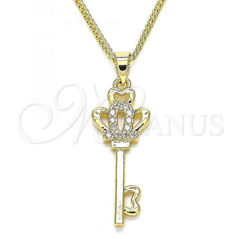 Oro Laminado Pendant Necklace, Gold Filled Style key and Crown Design, with White Micro Pave, Polished, Golden Finish, 04.344.0014.20