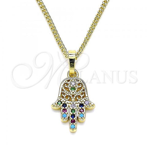 Oro Laminado Pendant Necklace, Gold Filled Style Hand of God Design, with Multicolor Micro Pave, Polished, Golden Finish, 04.210.0057.1.20