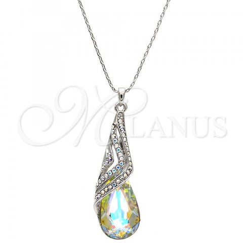 Rhodium Plated Pendant Necklace, Teardrop and Rolo Design, with Aurore Boreale and Aurore Boreale Swarovski Crystals, Polished, Rhodium Finish, 04.239.0037.4.16