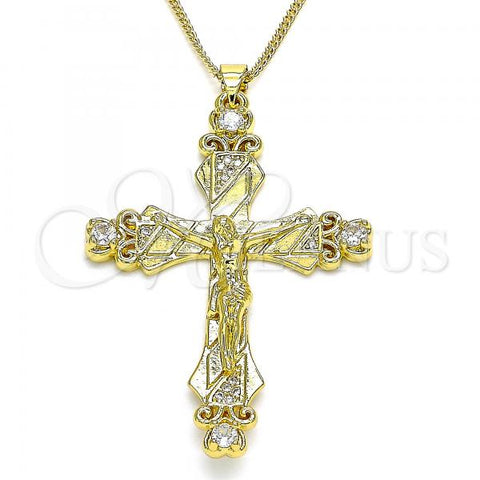 Oro Laminado Pendant Necklace, Gold Filled Style Crucifix and Heart Design, with White Cubic Zirconia and White Micro Pave, Polished, Golden Finish, 04.313.0042.20