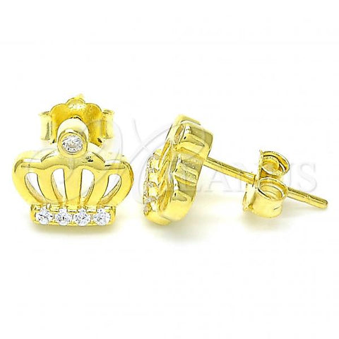 Sterling Silver Stud Earring, Crown Design, with White Cubic Zirconia and White Crystal, Polished, Golden Finish, 02.336.0148.2