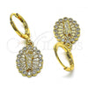 Oro Laminado Dangle Earring, Gold Filled Style San Judas Design, with White Micro Pave, Polished, Golden Finish, 02.253.0049