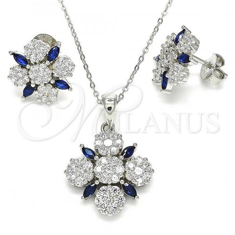 Sterling Silver Earring and Pendant Adult Set, Flower Design, with Sapphire Blue and White Cubic Zirconia, Polished, Rhodium Finish, 10.286.0042.1