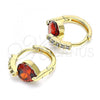 Oro Laminado Huggie Hoop, Gold Filled Style Heart Design, with Garnet and White Cubic Zirconia, Polished, Golden Finish, 02.210.0652.1.15