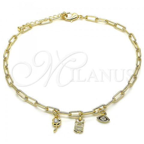 Oro Laminado Charm Anklet , Gold Filled Style Owl and Paperclip Design, with White Cubic Zirconia, Polished, Golden Finish, 03.63.2169.10