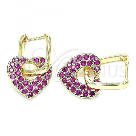Oro Laminado Huggie Hoop, Gold Filled Style Heart and Paperclip Design, with Ruby Cubic Zirconia, Polished, Golden Finish, 02.210.0469.1.12
