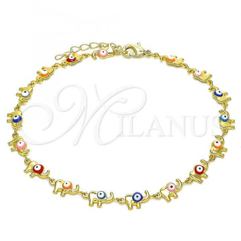 Oro Laminado Fancy Anklet, Gold Filled Style Elephant Design, Multicolor Enamel Finish, Golden Finish, 03.386.0011.10