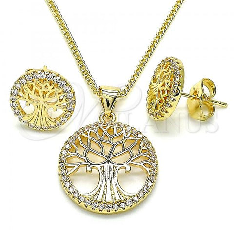 Oro Laminado Earring and Pendant Adult Set, Gold Filled Style Tree Design, with White Micro Pave, Polished, Golden Finish, 10.156.0335