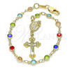 Oro Laminado Bracelet Rosary, Gold Filled Style Guadalupe and Crucifix Design, with Multicolor Crystal, Polished, Golden Finish, 09.326.0001.08