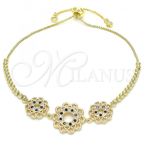 Oro Laminado Adjustable Bolo Bracelet, Gold Filled Style Flower Design, with Black and White Cubic Zirconia, Polished, Golden Finish, 03.233.0021.2.12