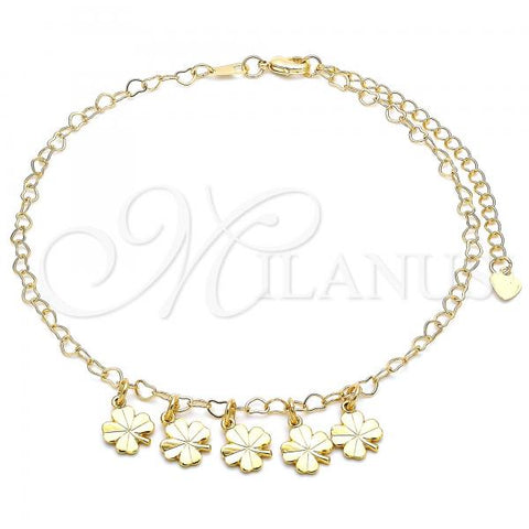 Oro Laminado Charm Anklet , Gold Filled Style Four-leaf Clover Design, Polished, Golden Finish, 03.63.2199.10