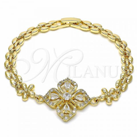 Oro Laminado Fancy Bracelet, Gold Filled Style Flower and Teardrop Design, with White Cubic Zirconia, Polished, Golden Finish, 03.357.0007.07