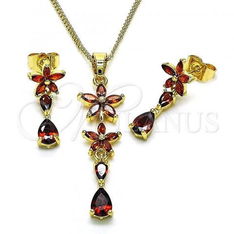 Oro Laminado Earring and Pendant Adult Set, Gold Filled Style Flower and Teardrop Design, with Garnet Cubic Zirconia, Polished, Golden Finish, 10.316.0067.1