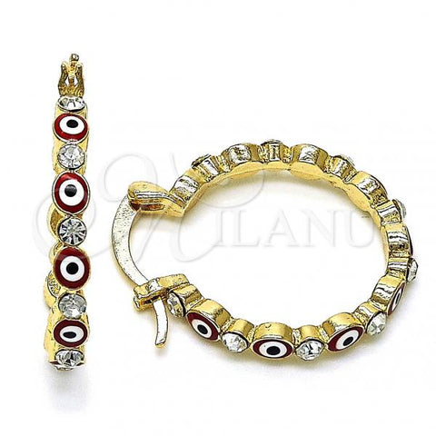 Oro Laminado Small Hoop, Gold Filled Style Evil Eye Design, with White Crystal, Red Enamel Finish, Golden Finish, 02.213.0315.1.25